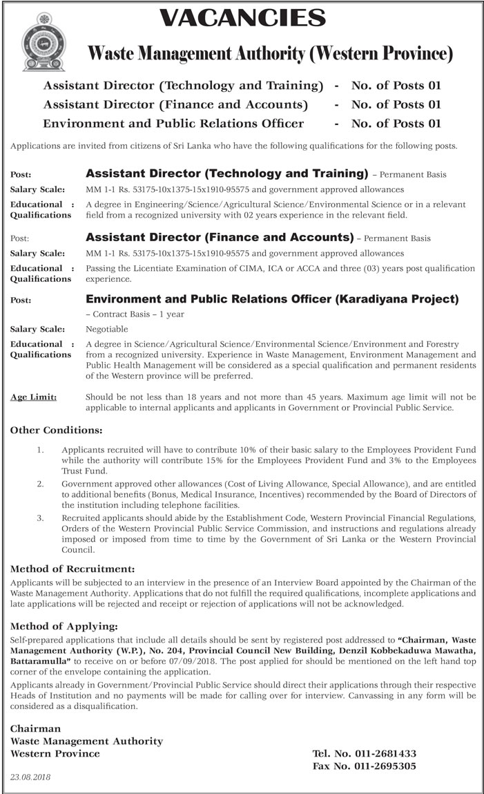 Environment & Public Relations Officer, Assistant Director - Waste Management Authority (Western Province)